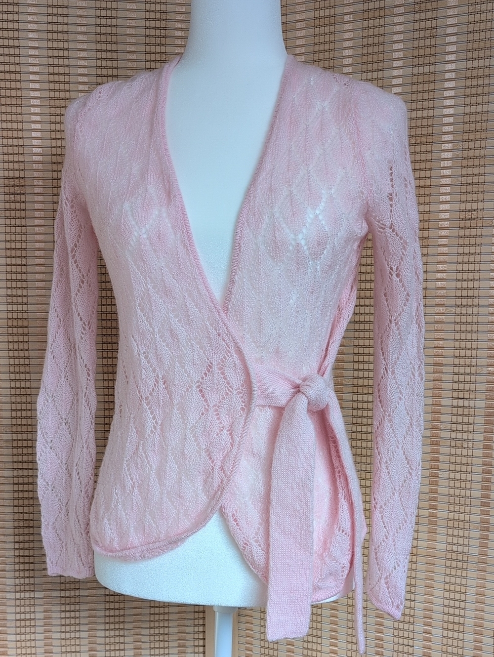 Vintage Carole Little Soft Pink Lace-Pattern Wrap Wool Blend Cardigan, Small